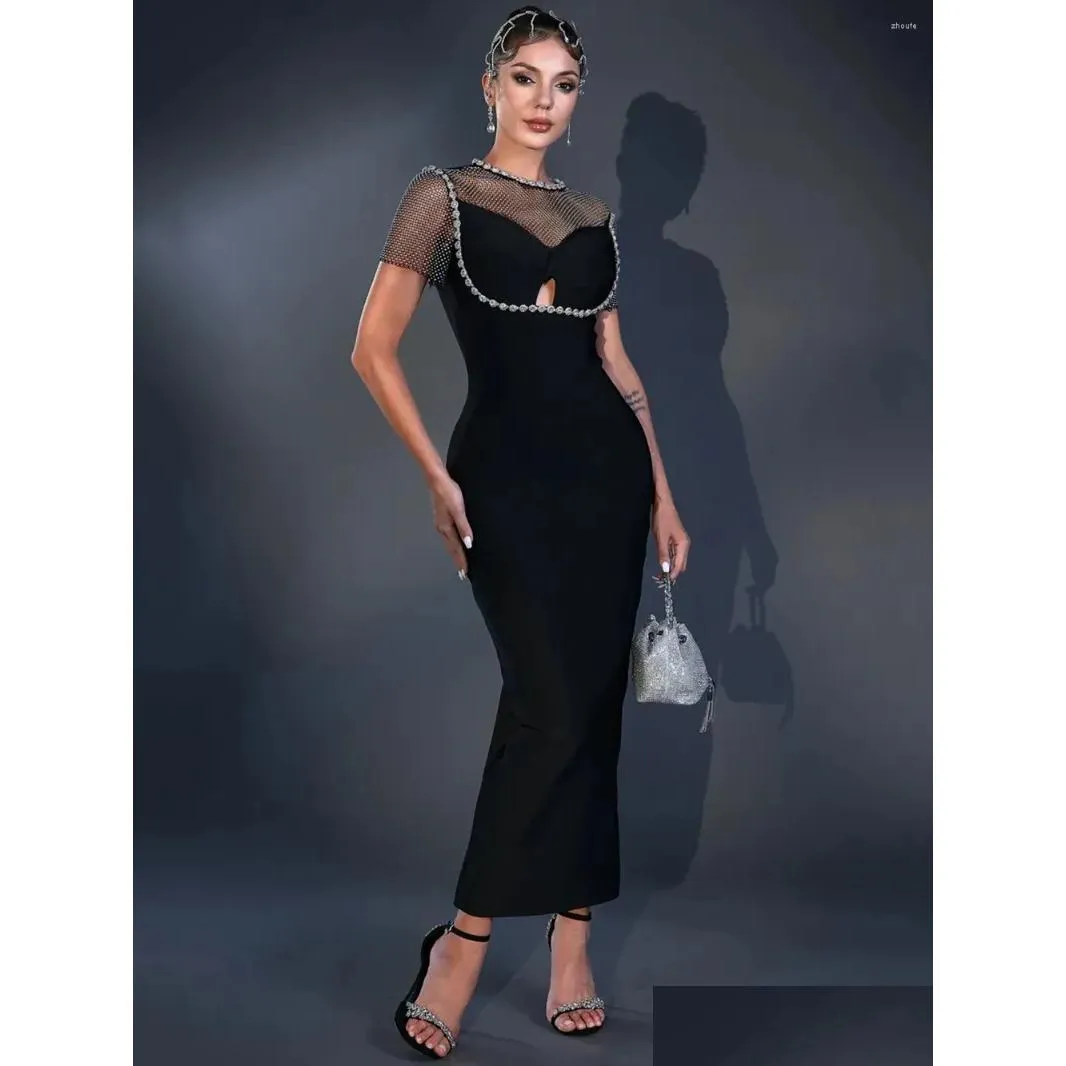 Casual Dresses Modphy 2024 Sexy Mesh Diamond Tight Bandage Midi Dress For Women`s Black Elegant Celebrity Party Banquet