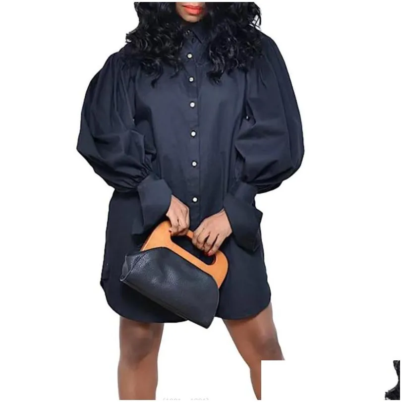 Autumn Casual Dresses Woman Solid Color Shirt Dress Long Puff Sleeve Single-Breasted Mini Female Ladies Clothing