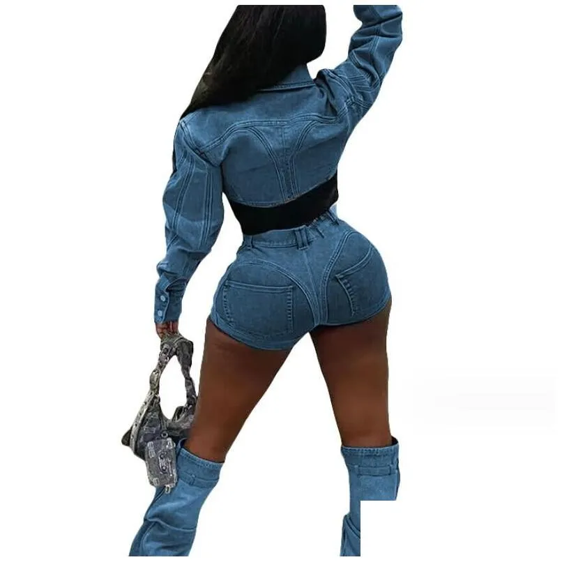 2024 Women`s Tracksuits Spring Shorts Set Women Two Piece Streetwear Long Sleeve Top And Pants Sexy Outfits Stretchy Denim Jeans