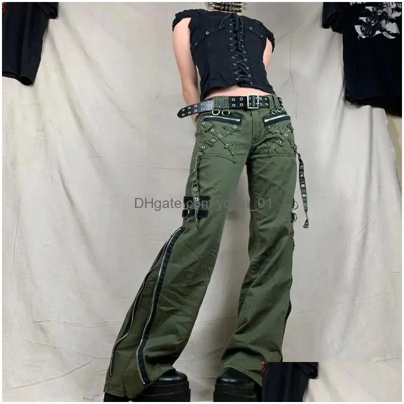 Women`S Jeans Womens Y2K Grunge Green Zipper Bandage Low Waist Cargo Pants Gothic Punk Baggy Retro Kawaii Trousers Women Korean Sweat Dhqyk