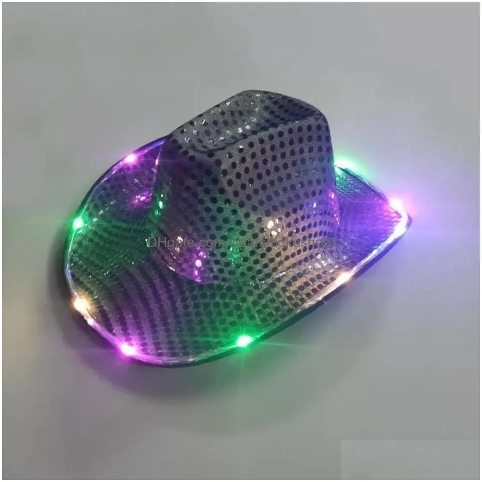 Party Hats Wholesale Cowgirl Led Hat Flashing Light Up Sequin  Luminous Caps Halloween Costume 919 Drop Delivery Home Garden Fes Dhnqb