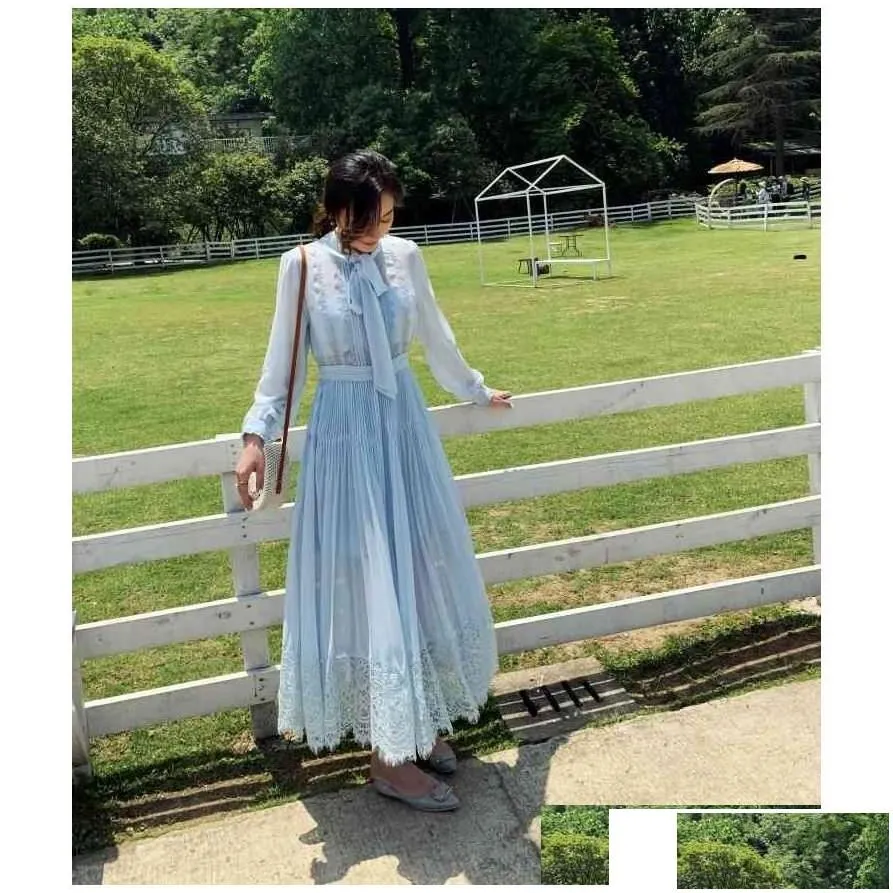 basic casual dresses summer self portrait dress women long sleeve lacework maxi vintage bow party dinner pleated robes 210513 drop