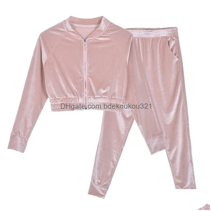 Women`S Tracksuits 2021 Autumn Women Two Piece Velour Gym Outfit Long Sleeve Cropaddpant Veet Set For Woman Sport Suit Drop Delivery Dhnz9
