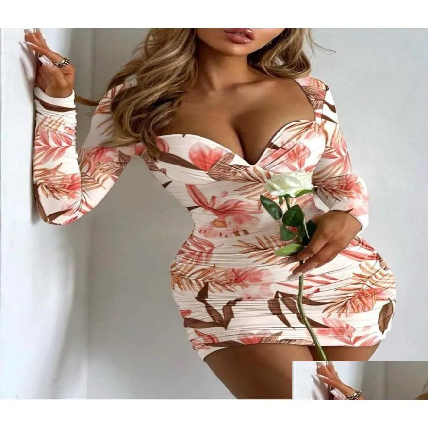 Basic & Casual Dresses Y Deep V Neck Low Cut Long Sleeve Bodycon Mini Dress Summer Women Floral Print Night Clubwear Vestidos Drop De Ot1Ap