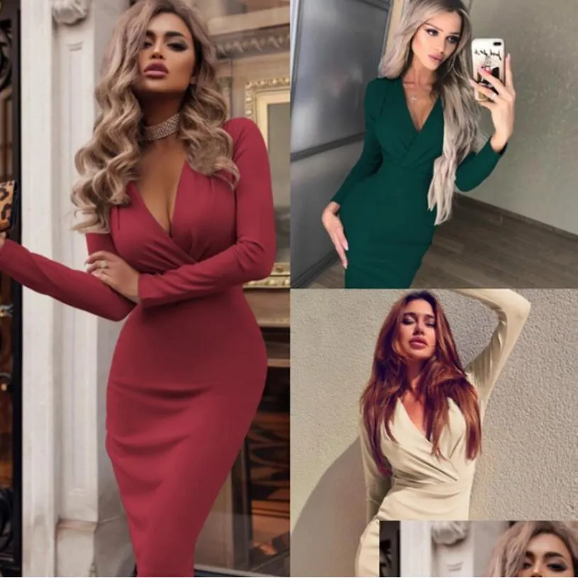 Women Dresses Bodycon Dresses Autumn And Winter Long Sleeve Sexy Deep V-Neck Party Mini Dress Ladies Solid Color S-XXL
