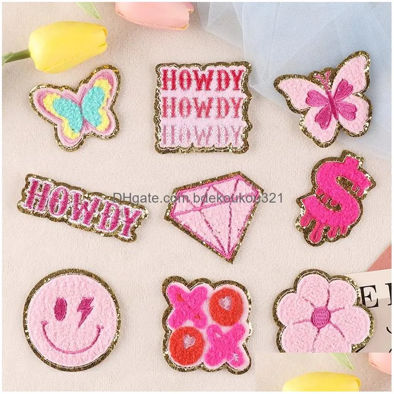 Sewing Notions & Tools Iron On Es Pink Face Butterfly Letter Cute Chenille Embroidered Decorative Appliques Sticker For Clothing Jean Dhz4X
