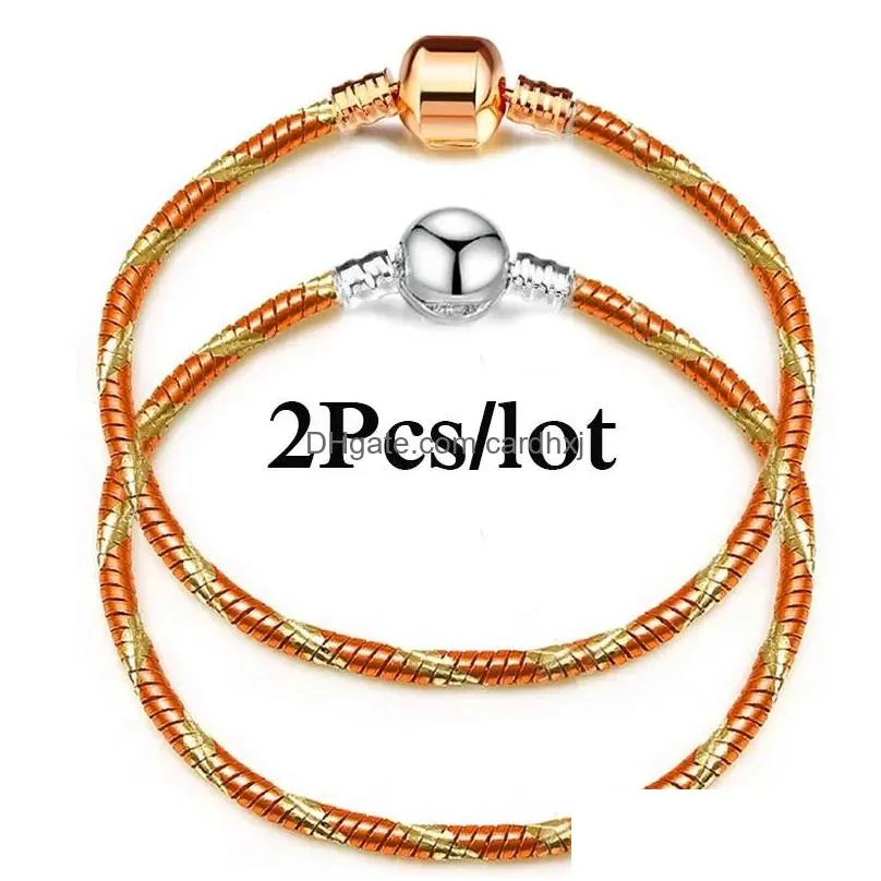 Charm Bracelets 2Pcs/Lot Fashion Orange M Chain Fit Diy Beads Bracelet Bangles Couple Psera Bijoux Jewelry For Women Men Drop Deliver Dhj5Z
