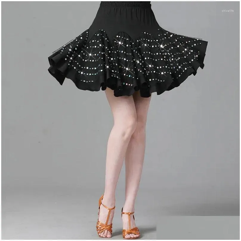 Stage Wear Swing Skirt Latin Dance Women Practice Clothes Square Sequins Short Ballroom Competition