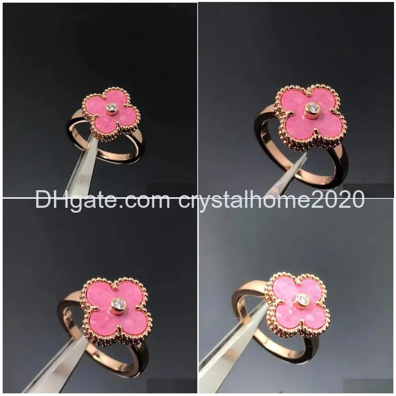 Band Rings Brand Luxury Clover Designer For Women Girls Diamond Crystal 18K Rose Gold Sweet Pink Love Nail Ring Party Wedding Jewelr Otjio