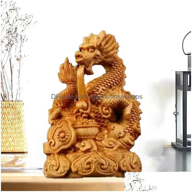 Decorative Objects & Figurines Natural Cypress Panlong Animals Statue Zodiac Dragon China Home Room Office Features Year Of The Gift D Dhgta