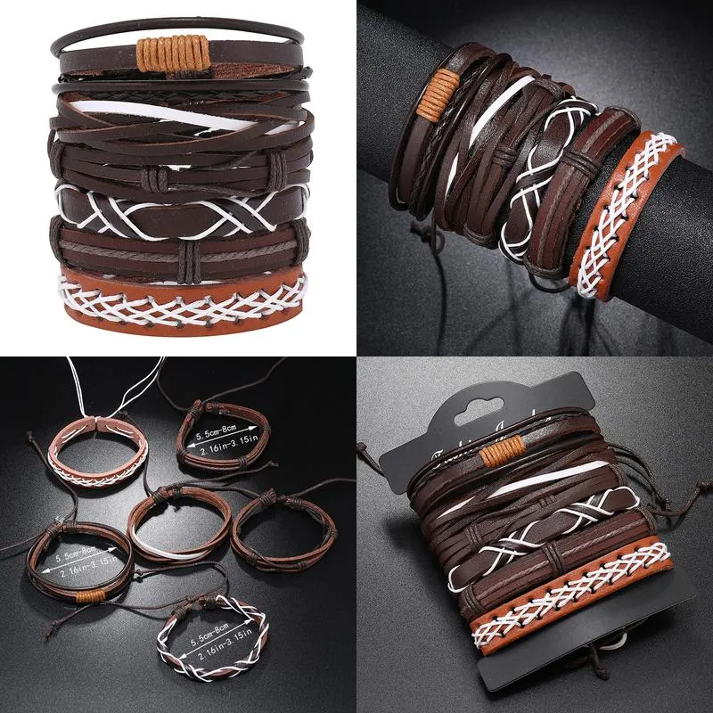 Charm Bracelets Rope Weave Braided Leather Bracelet Vintage Style Diy Combination Set Stam Woven Men Drop Delivery Otx2B