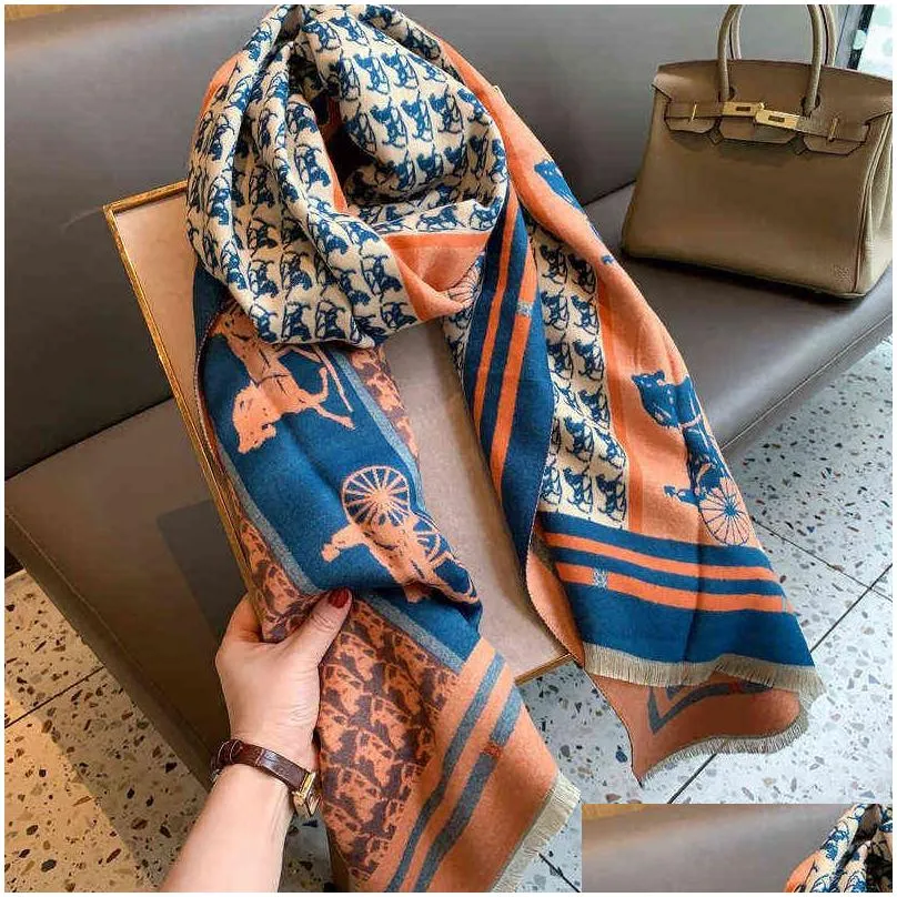 Scarves Luxury Brand Scarf For Women Warm Cashmere Shawl Wrap Large Pashmina Blanket Designer Carriage Print Female Foard Drop Deliv Dhn1U