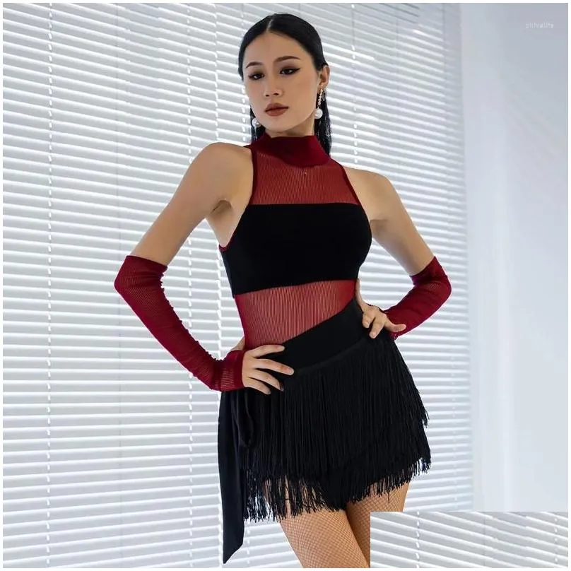 Stage Wear Sexy Mesh Latin Dance Bodysuit Sleeveless Dancing Tops Women Ballroom Top Adults Stgae Performance DWY9429