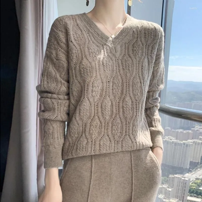 Women`s Sweaters Spring And Autumn Wool V-neck Hollow Pullover Long Sleeved Sweater Soft Fashionable Natural Materials