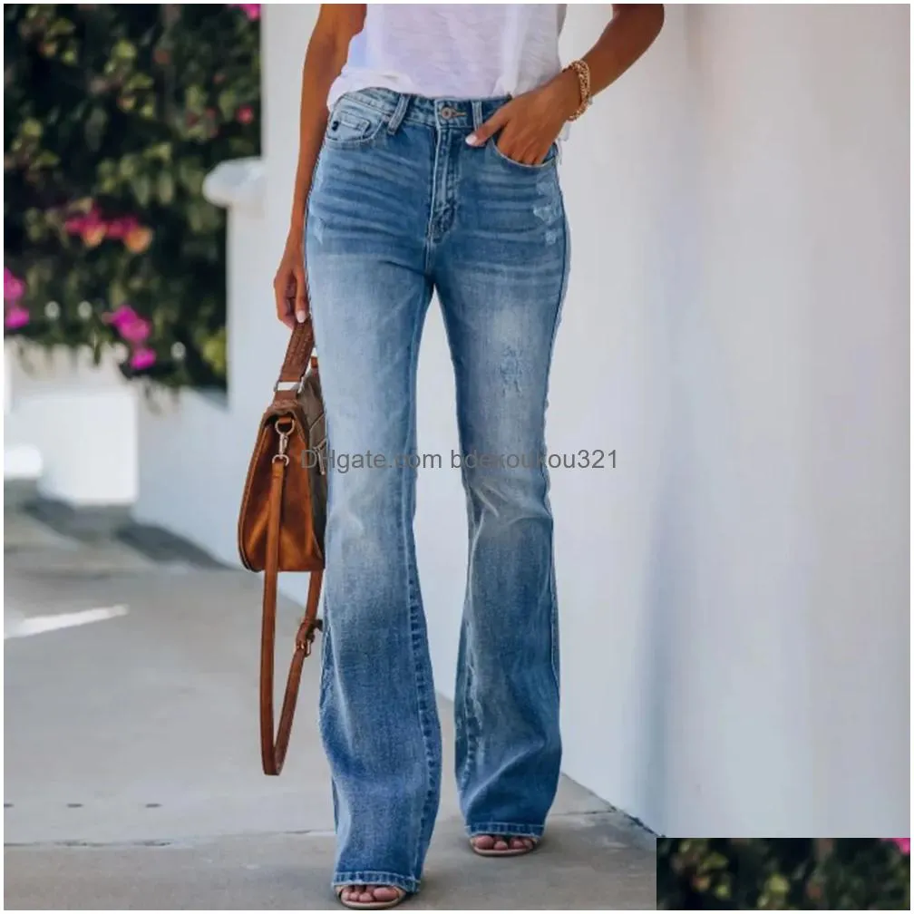 Women`S Jeans Womens Wide Leg High Waisted Stretch Skinny Mom Jean Bell Bottom Clothes Blue Denim Died Bootcut Flared Trousers Pants Dhma1