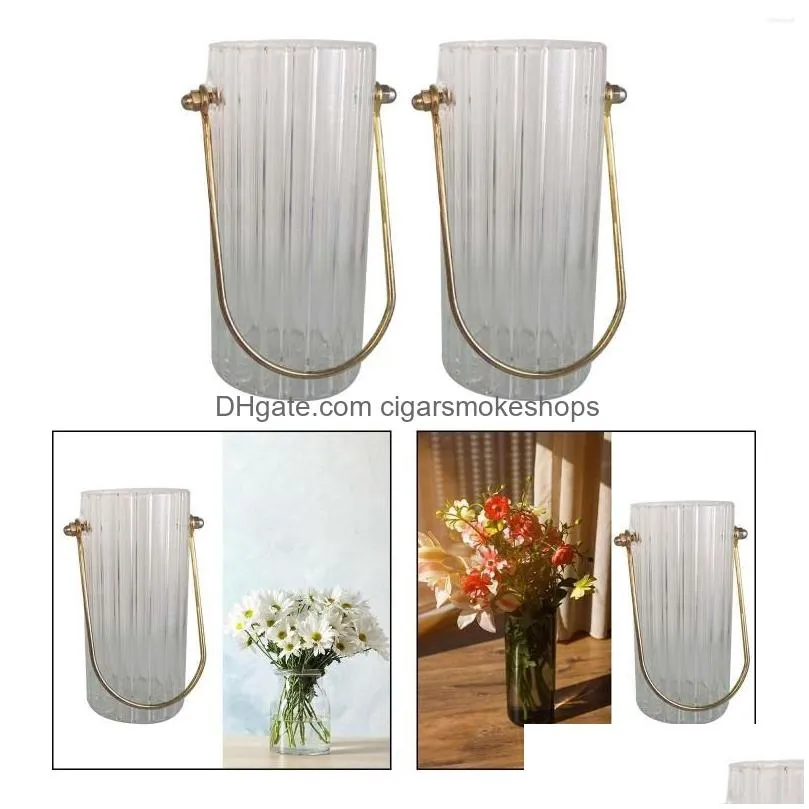 Vases Clear Cylinder Glass Flower Vase With Metal Handle Sturdy Housewarming Gift For Hydroponic Flowers Silk Florals Mtifunctional D Dhasc