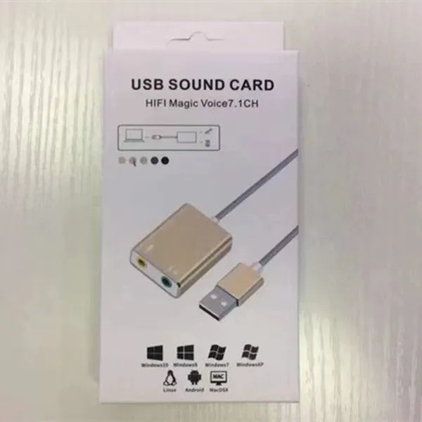Aluminium Alloy External Laptop Sound Card USB 2.0 Virtual 7.1 Channel Audio Adapter With Wire For PC  With Box Package