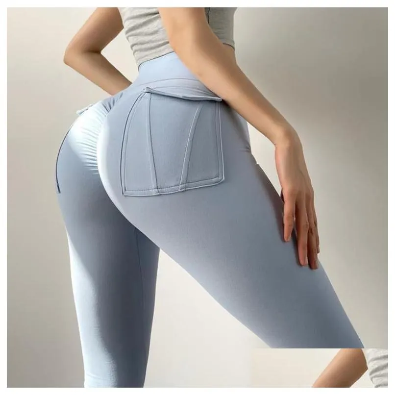 Gym Active Pants Sport Woman Tights Sexy Leggings For Fitness Solid Color Pocket Push Up Yoga High Waist Elastic Female Workout