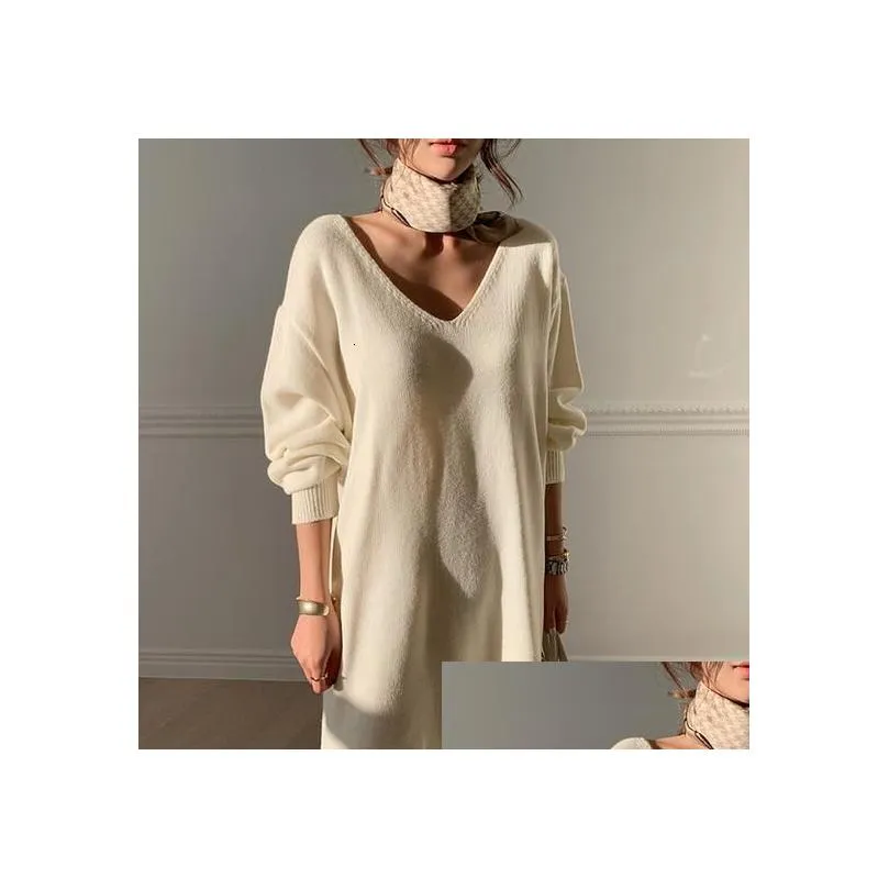 Winter Sweater Dress Women White V-neck Long Knitted Dress Lazy Oaf Korean Laides Casual Slit