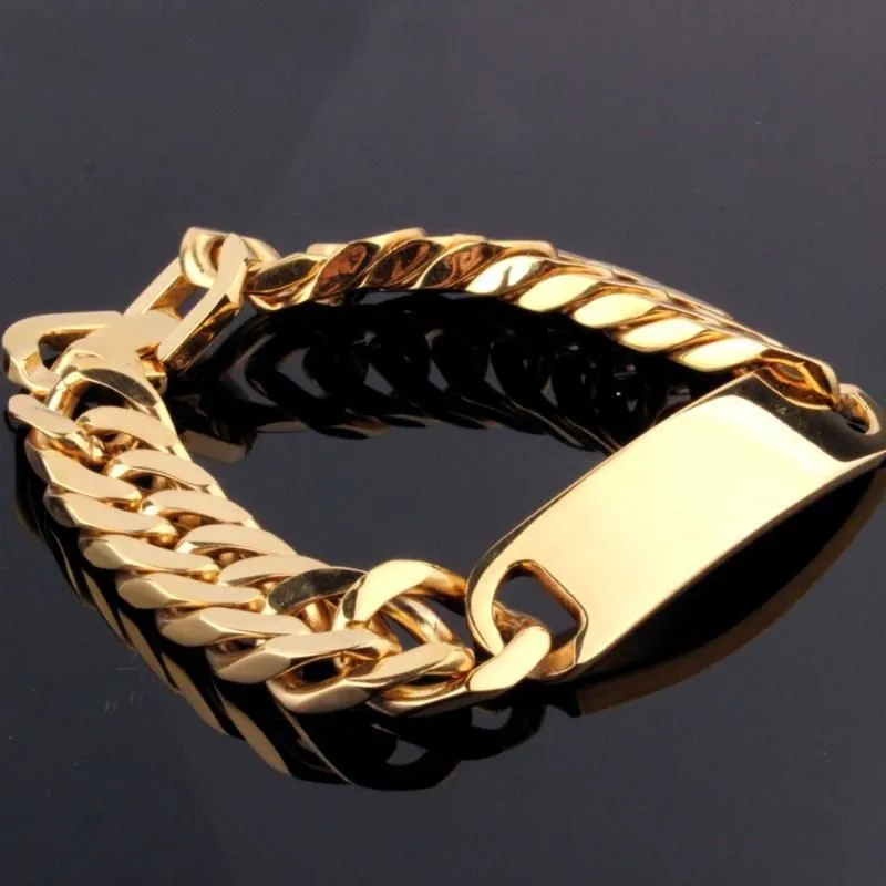 Link, Chain Fashion Stainless Steel Charming Gold Tone Smooth ID Cuban Link Bracelet Mens Boys Wristband Jewelry Xmas Gift
