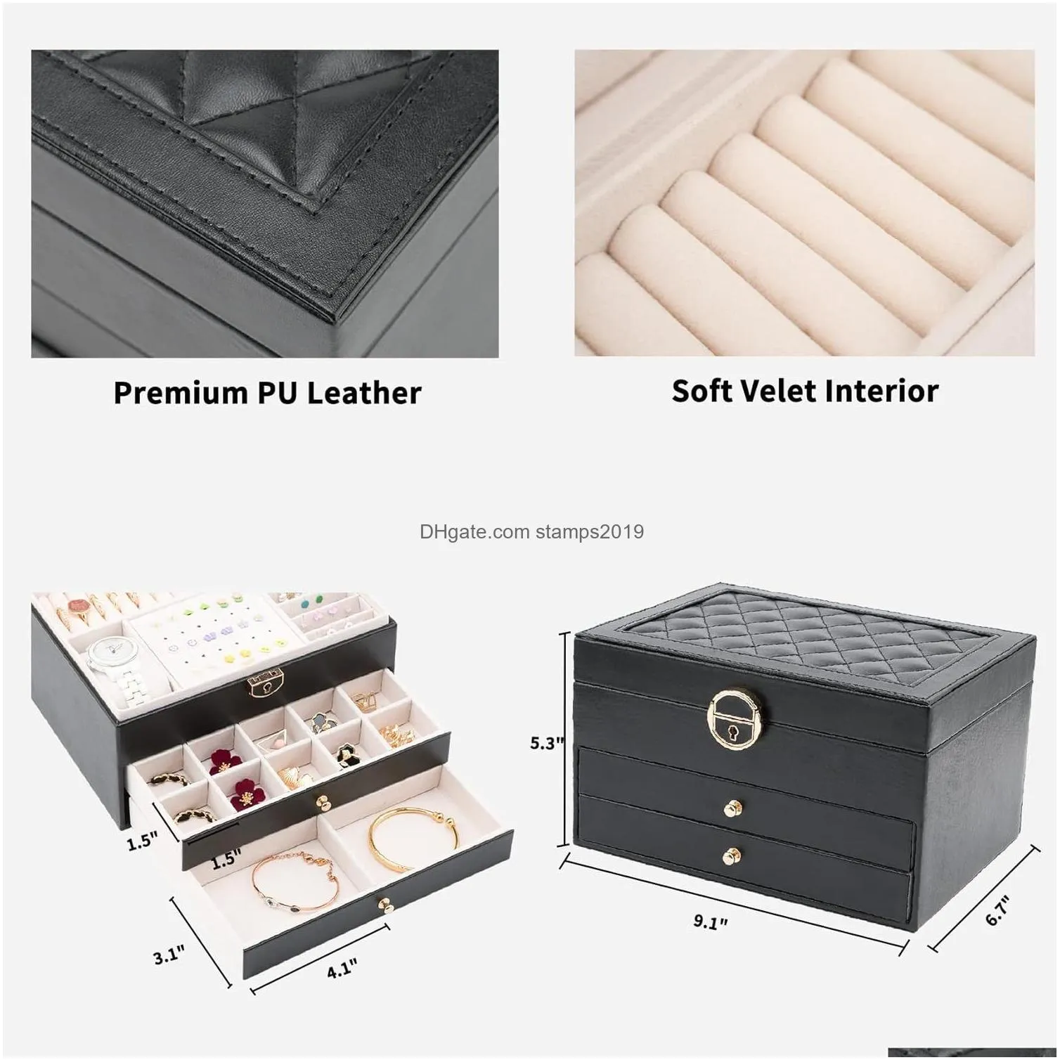 large jewelry box for women 3 layers leather jewelry organizer box with lock jewelry holder organizer with lots space for earrings rings necklaces