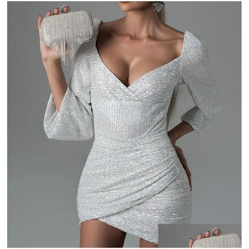 2024 New Casual Dresses Sexy Irregular Draped Mini Dress Elegant V Neck Glitter Sequins Slim Fit Women Long Sleeve Hip Wrap Party