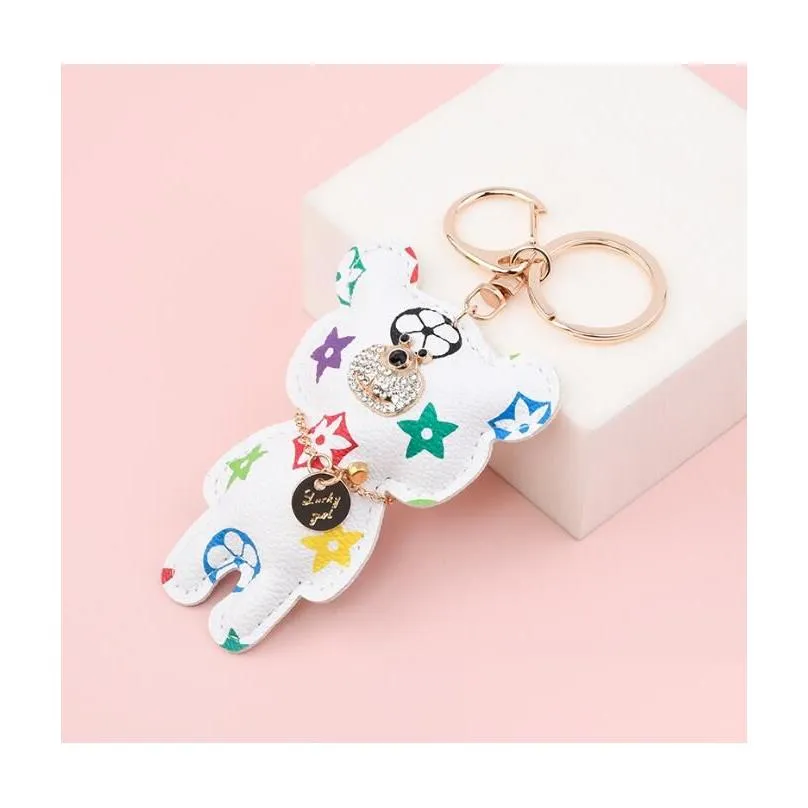 Keychains Lanyards Cute Bear Rhinestone Pu Leather Flower Key Ring Car Chain Jewelry Bag Charm Animal Keyring Holder Drop Delivery Dhmib
