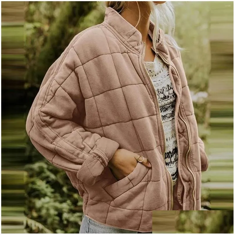 Women`s Jackets Winter Coats For Women Warm Fleece Coat Loose Plain Quilted Stand Collar Zip Up Cotton Jacket Outerwear With Pocket