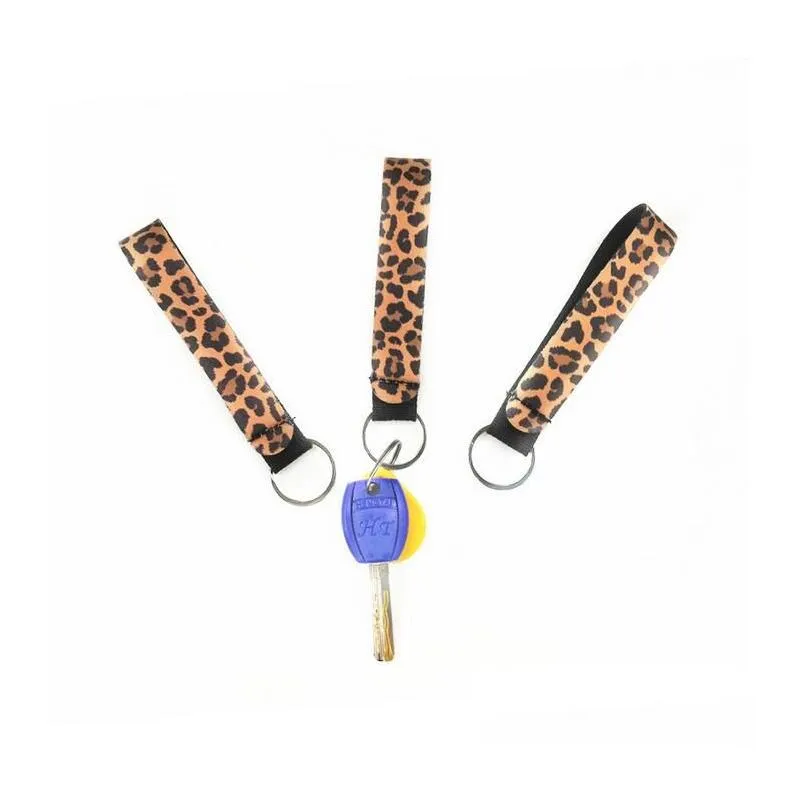 Keychains Lanyards Neoprene Wristlet Keychain Colourf Printed Wrist Key Belt Sunflower Strip Leopard Lanyard Ring Bag Pendent Drop Dhxog