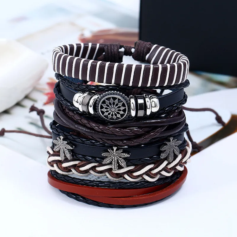 Charm Bracelets Rope Weave Braided Leather Bracelet Vintage Style Diy Combination Set Stam Woven Men Drop Delivery Oteuz