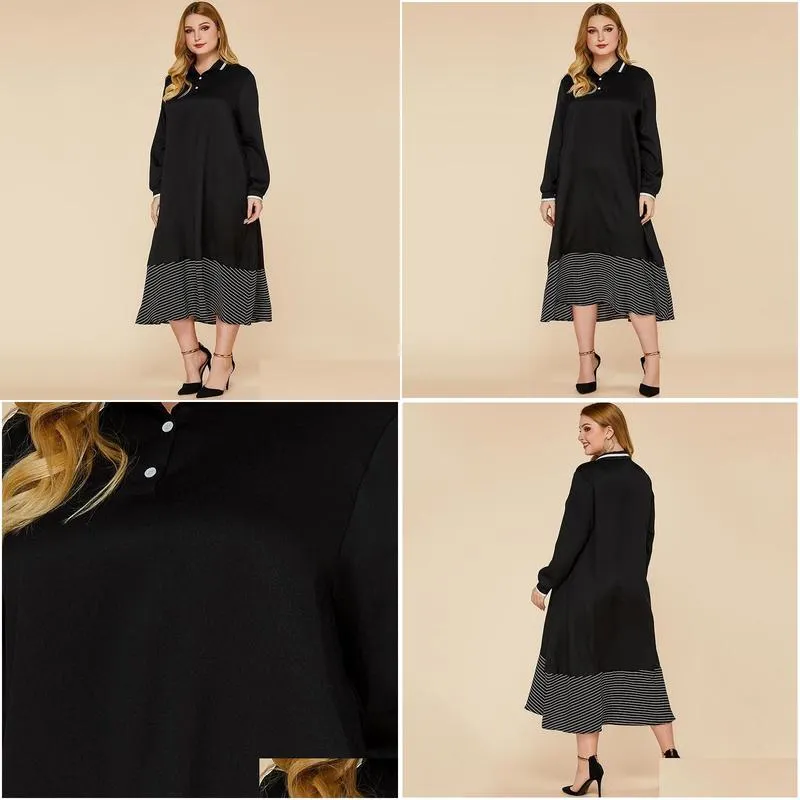 Plus Size Dresses Office Lady Spring Turn Down Collar Dress Women Long Sleeve Midi Loose Waist Black Patchwork Striped