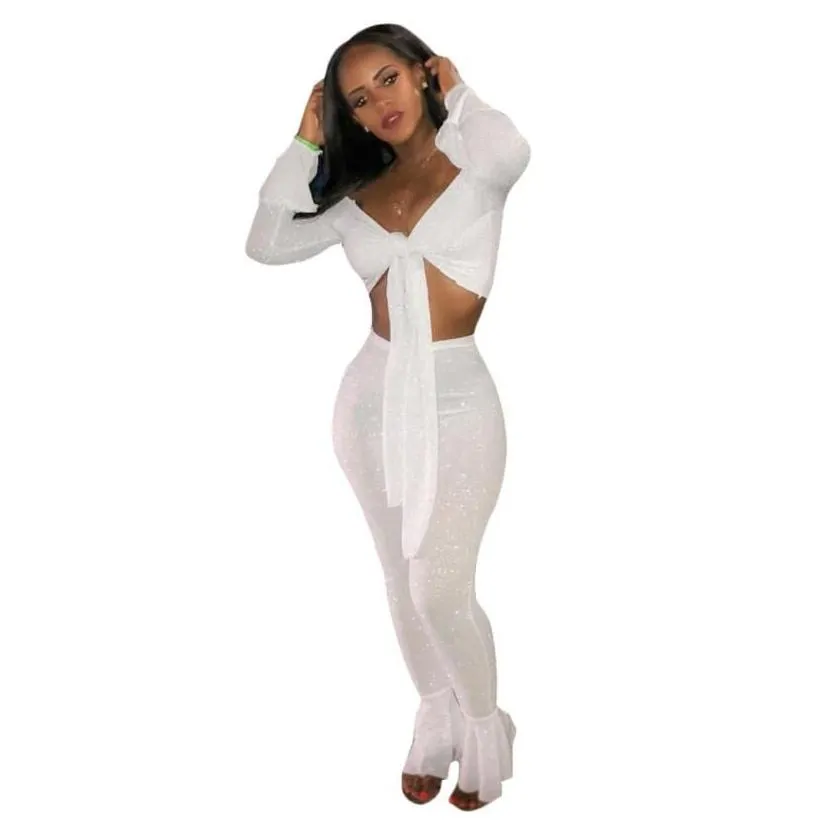 Two Piece Set Tracksuits Women Off Shoulder Long Sleeve Sexy Crop Top Elastic High Waist Flare Pants Party Outfits Blue Tracksuits