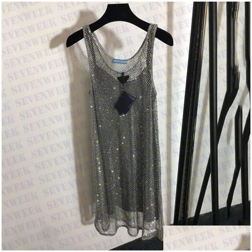 Sparkly Mesh Camisole Dress Delicate Casual Sundress with Bottom Skirt Luxury Designer Brand Ladies Party Nightclub Fashion Silver