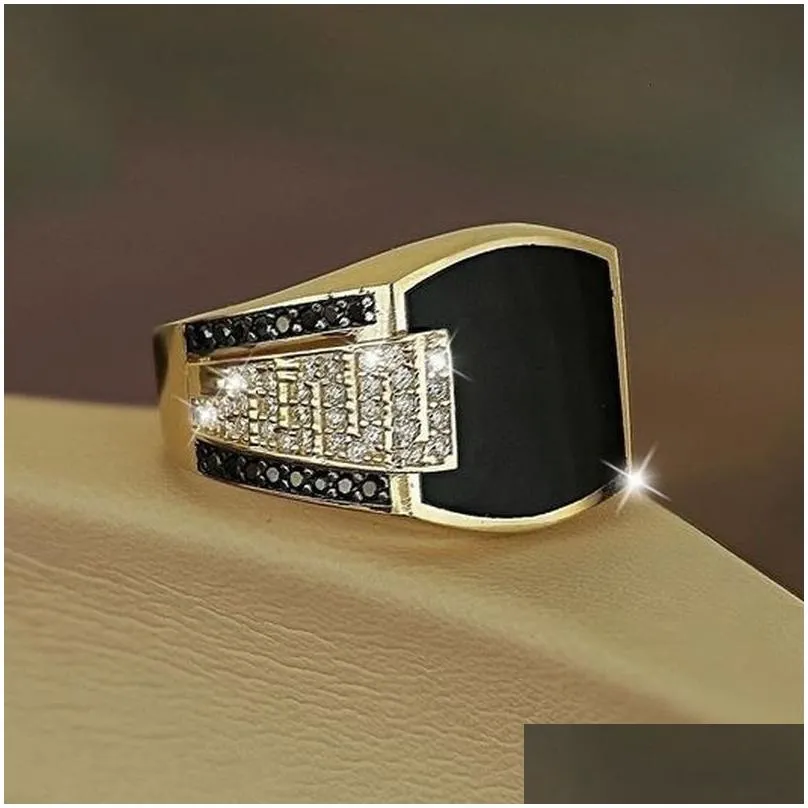 Band Rings Classic Mens Ring Fashion Metal Gold Color Inlaid Black Stone Zircon Punk For Men Engagement Wedding Luxury Drop Delivery Otqh7