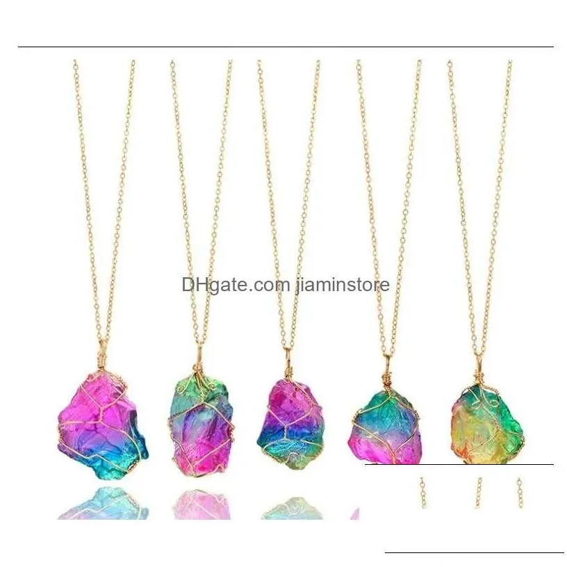 Pendant Necklaces Natural Rainbow Irregar Quartz Stone Rock Pendant Crystal Gemstone Necklace Gold Plated Wire Wrap Birthstone Jewelry