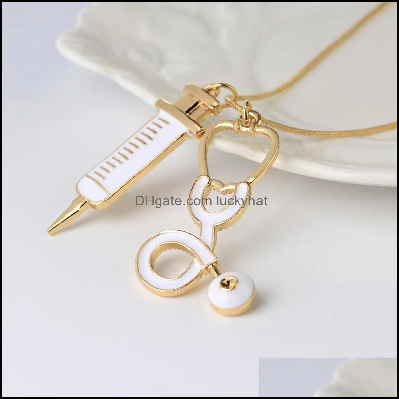 Pendant Necklaces Fashion Medical Jewelry Stethoscope Syringe Charms Necklace For Women Snake Chain Doctor Nurses Medicine School Grad Otpzv