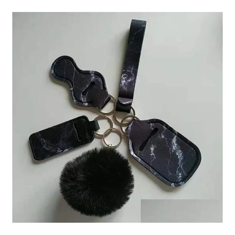 Keychains Lanyards 5Pcs/Set Neoprene Wristlet Keychain Pompom Hand Sanitizer Wrist Strap Lipstick Sier Keyring For Women 18 Colors Dhz27
