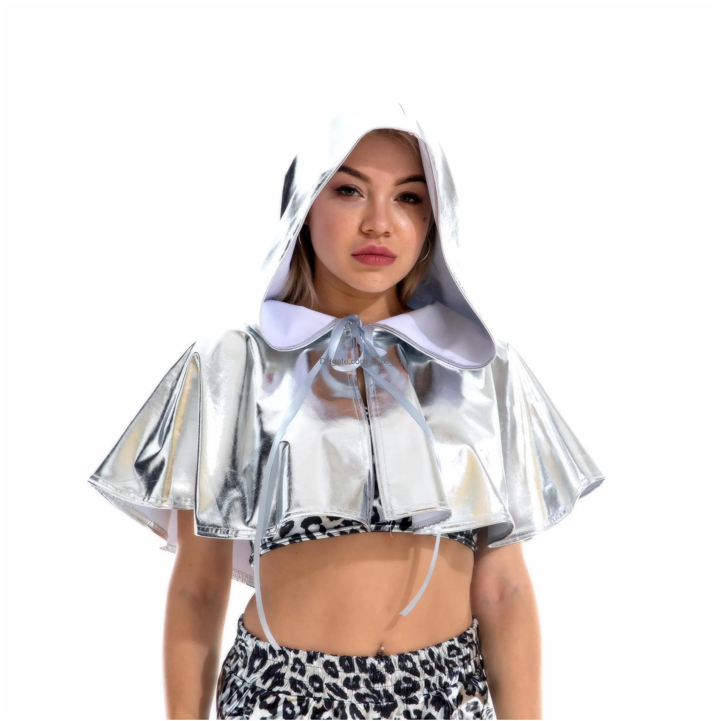 Stage Wear Candy Color Wetlook Shiny Pvc Halloween Cospaly Cape Pu Leather Cloak Hooded Costume Mask Hat Capes Night Clubwear Drop De Dh6I3