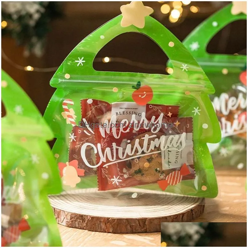 Christmas Decorations Gift Bags With Handles Plastic Stand Up Zipper Pouch Unique Merry Candy Bag Clear Front Window For Holiday Drop Dhvsr