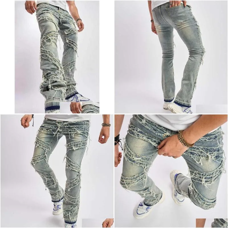 Men`s Jeans Fashion Casual Hole Jeans for Men Hip Hop Biker Jeans Regular Straigh Jeans Pants cat whiskers stitched cloth fashion stretch plus Size XS-XXL