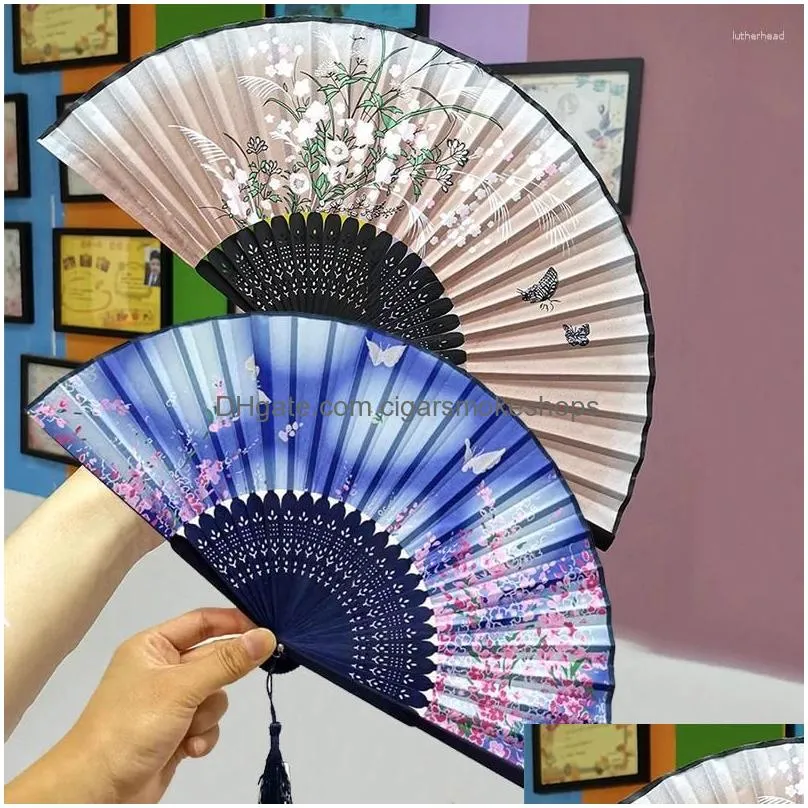 Decorative Objects & Figurines Vintage Chinese Printed Folding Fans Party Dance Props Hand Held Fan Wooden Silk Tassel Hanging Pendant Dhwln