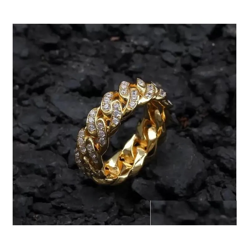 Band Rings 8Mm Men Women Cuban Link Chain Ring Hip Hop Zircon Stone Gold Sier Iced Out For Party Jewelry Gift Drop Delivery Dhfvi