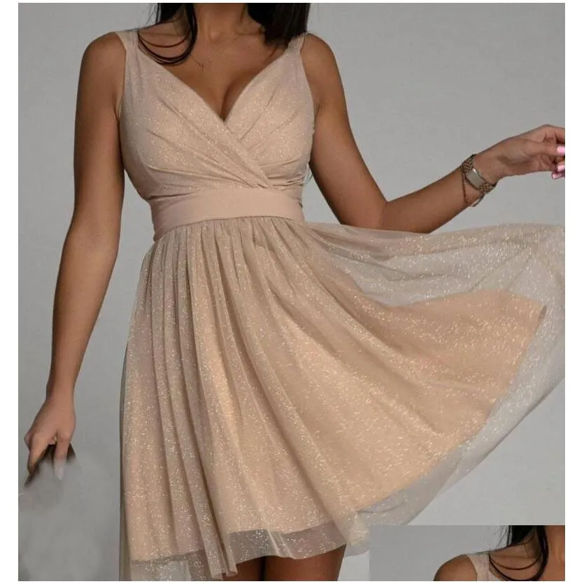 Simple Sparkling A-line V Neck Party Dresses Sweetheart Tulle Mini Homecoming Gown Robe Cocktail Femme Mariage Draped