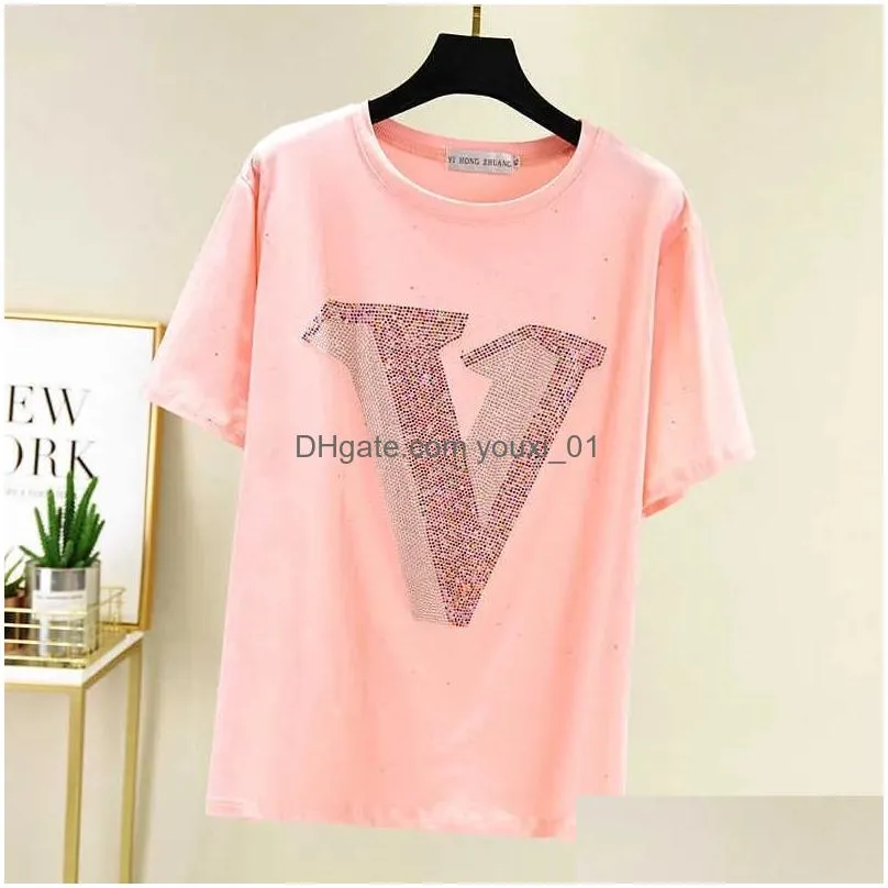 Women`S T-Shirt Womens T Shirt Women Short Sleeve Shiny Diamond Summer Tops Fashion Woman Clothes Tshirt Tee Femme Digirl Drop Deliver Dhasa