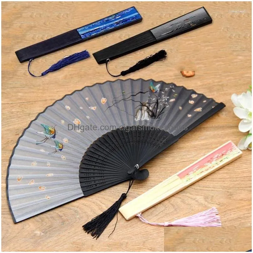 Decorative Objects & Figurines Vintage Chinese Printed Folding Fans Party Dance Props Hand Held Fan Wooden Silk Tassel Hanging Pendant Dhwln