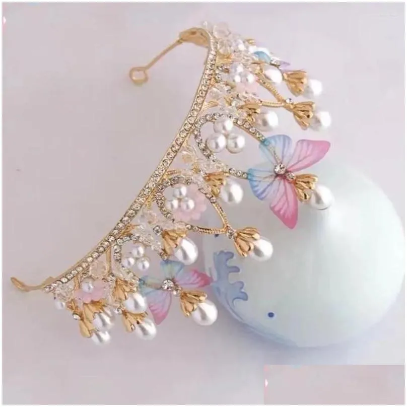 Hair Accessories Princess Crown For Girls Butterfly Tiaras Birthday Crystal Performance Party Model Catwalk Handmade Pearl