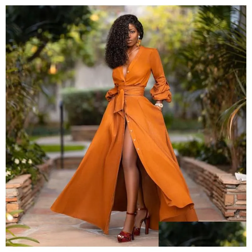 2023 Casual Dresses Elegant Split Maxi Women Autumn Deep V Neck Long Sleeve Party Dress Ladies Sexy Slim Plus Size African Clothes