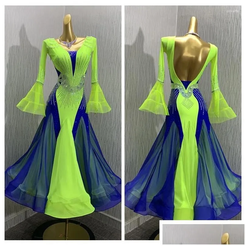 Stage Wear ABCDance Dress Modern Waltz Tango Competition Ballroom Dance Smooth Costume Long Sleeve Green