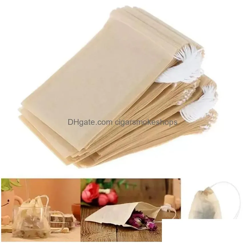 Coffee & Tea Tools 100 Pcs/Lot Filter Bag Strainers Natural Unbleached Wood Pp Paper Disposable Infuser Empty Bags With Dstring Pouch Dhpky