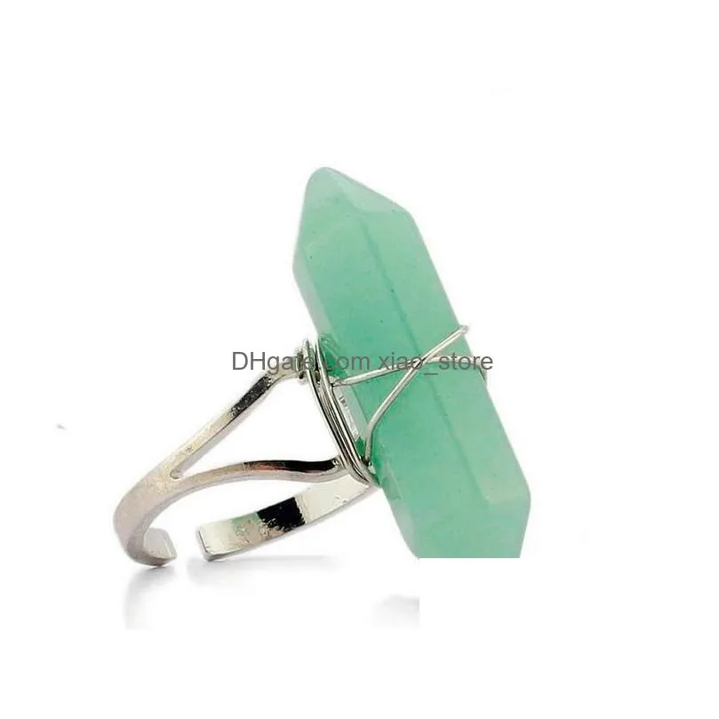 hexagonal prism rings gemstone rock natural crystal quartz healing point chakra stone charms opening rings for women men party gift